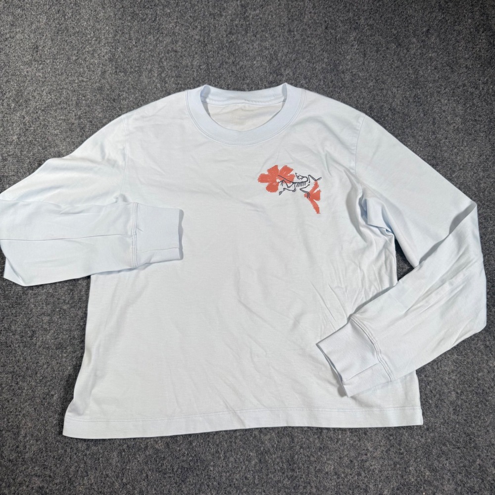 Arc'teryx Kragg SL Cotton Bloom Long Sleeve Womens XS Light Blue Graphic Tee